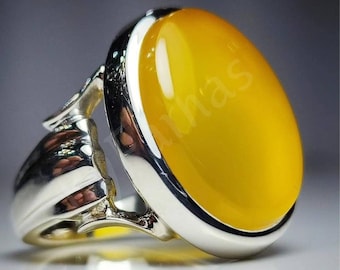 Jemenitischer Aqeeq Ring: Handgemachter Herrenring aus Sterlingsilber, Gelber Achat