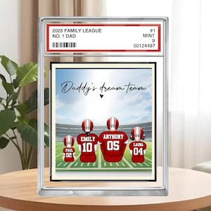 Cartão colecionável do time dos sonhos do papai de futebol americano nº 1, pai, homem e filhos sentados, placa de acrílico personalizada, presente para pai, presente para marido