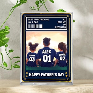 Aangepaste voetbal nr. 1 vader man en kinderen zitten Trading Card-stijl, gepersonaliseerde acrylblokplaat, Vaderdagcadeau voor vader, cadeau opa