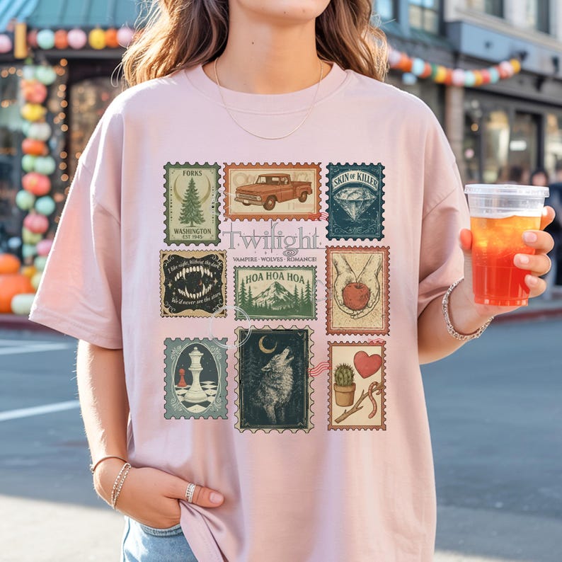 Vintage Twilight stamp shirt featuring retro postage-style graphics inspired by the Twilight saga, including Forks Washington, classic red truck, vampire fangs, wolves, apple, and chess piece. Printed on premium Comfort Colors or Gildan cotton tee for a soft and durable fit. Perfect gift for Twilight fans, book lovers, or movie marathon nights. Cozy fan apparel with aesthetic retro vibes, ideal for everyday casual wear or as a unique fandom collectible shirt.