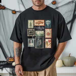 Vintage Twilight stamp shirt featuring retro postage-style graphics inspired by the Twilight saga, including Forks Washington, classic red truck, vampire fangs, wolves, apple, and chess piece. Printed on premium Comfort Colors or Gildan cotton tee for a soft and durable fit. Perfect gift for Twilight fans, book lovers, or movie marathon nights. Cozy fan apparel with aesthetic retro vibes, ideal for everyday casual wear or as a unique fandom collectible shirt.