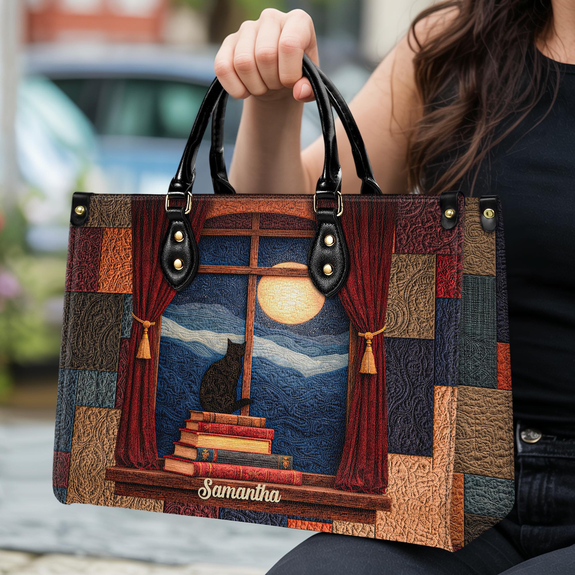 Discover Personalized Leather Handbag with Vintage Books and Moonlit Black Cat Design for Book Lovers