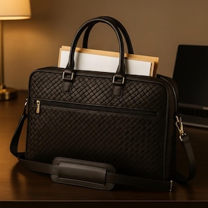 May include: Black quilted leather briefcase with top handles and a detachable shoulder strap. The briefcase has a zippered main compartment and a front pocket. Papers are visible inside the briefcase. Gold-colored hardware accents the bag.