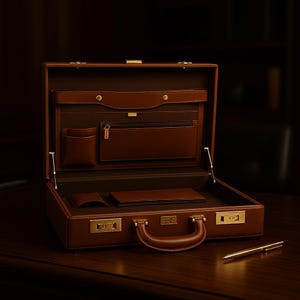 Puede incluir: Maletín de cuero marrón abierto, con detalles dorados, incluyendo una cerradura de combinación y un asa. El interior presenta múltiples compartimentos y un pequeño bolsillo con cremallera. Un bolígrafo dorado descansa junto al maletín.