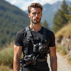 May include: A black camera harness with two cameras attached. The harness is worn over a black t-shirt. The background shows a mountain and a path.