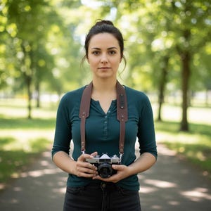 May include: A woman wearing a teal long-sleeve shirt and holding a silver and black camera with a brown leather strap. The background is a blurred park scene with green trees and a walking path.