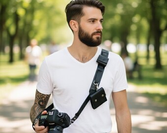 Black Genuine Leather Camera Harness | Custom Single Strap Camera Holder | Photographer Shoulder Sling