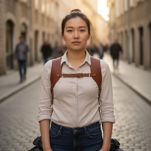 Puede incluir: Un arnés de cámara de cuero marrón usado sobre una camisa abotonada de color claro y unos vaqueros azules. El arnés tiene correas ajustables y un cierre de hebilla. La persona está de pie en una calle adoquinada con figuras borrosas en el fondo.