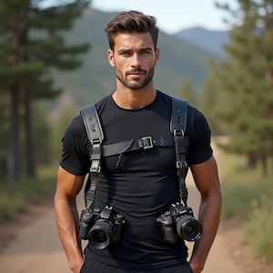 May include: A black leather camera harness with two cameras suspended from it. The harness features adjustable straps and metal buckles. The person is wearing a black t-shirt. The background is a blurred outdoor scene with trees and a dirt track.