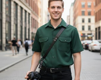 Customized Black Leather Single Camera Strap | Handmade Crossbody Photographer Sling | Personalized Genuine Leather Camera Holder