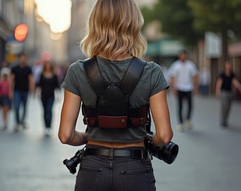 Brown and Black Leather Dual Camera Harness – Adjustable Professional Photography Strap for Two Cameras