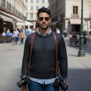 May include: A man wearing sunglasses and a dark gray sweater with a leather camera harness holding two cameras. The background shows a European street scene with shops and pedestrians.
