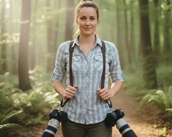 May include: A woman wearing a plaid shirt and brown suspenders, holding two cameras with long lenses. The cameras are hanging from the suspenders. The background is a forest with sunlight filtering through the trees.