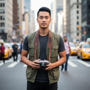 May include: A person wearing a green vest and holding a vintage camera with a brown leather strap. The background features a city street with yellow taxis and tall buildings.