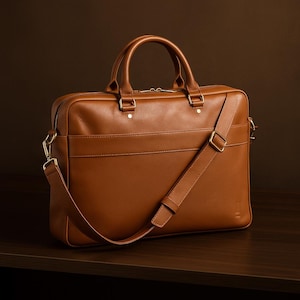 Puede incluir: Un maletín de cuero marrón con asa superior y bandolera desmontable. El bolso tiene forma rectangular con cierre de cremallera y herrajes dorados. El maletín está sobre una superficie de madera.