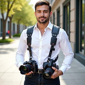 May include: A photographer holding two black DSLR cameras with red lens details. The cameras are attached to a black leather dual camera strap with red stitching. The photographer wears a white shirt and dark jeans. The strap is a professional accessory.