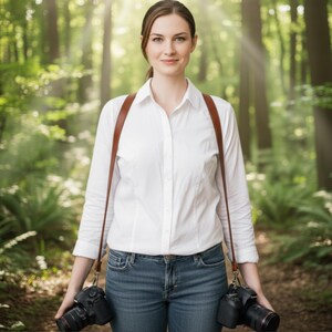 May include: A woman wearing a brown leather camera harness, holding two black DSLR cameras. She is wearing a white button-down shirt and blue jeans. The background is a blurred forest scene with sunlight.