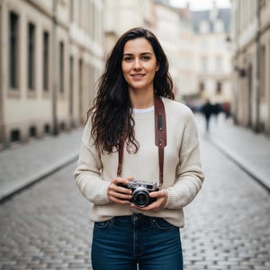 May include: A person stands on a cobbled street, holding a vintage camera with a brown leather strap. They wear a cream-coloured jumper, blue jeans, and a white t-shirt. The background shows a European-style street with buildings.