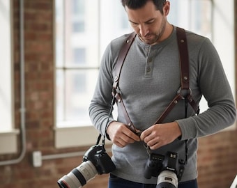 Full-Grain Leather Dual Camera Harness – Professional Adjustable Strap for Photographers