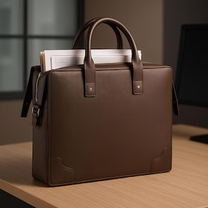 May include: A brown leather briefcase with a top handle and a zipper closure. The briefcase has two handles and a rectangular shape. Papers are visible inside the open top. The briefcase is sitting on a wooden desk.