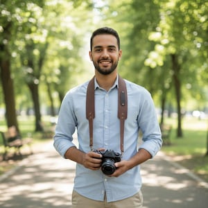 Puede incluir: Un hombre con una camisa azul claro y pantalones color caqui, sosteniendo una cámara negra con una correa de cuero marrón. El fondo presenta un camino arbolado en un parque.