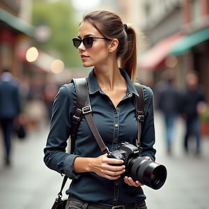 May include: A woman wearing sunglasses and a dark blue denim shirt, holding a black Canon camera with a large lens. The camera is held with both hands, and a leather camera strap is around the neck. The background is a blurred street scene.