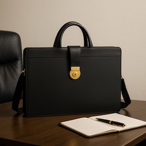 May include: A black leather briefcase with a gold-colored lock and handle. The briefcase has a shoulder strap and is sitting on a wooden desk next to a notebook and pen. The background includes a black chair.