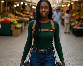 May include: A woman wearing a green long-sleeve shirt and blue jeans, with a brown leather camera harness holding two cameras. The background shows a market with produce.