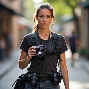 Puede incluir: Una mujer con camiseta gris oscuro y vaqueros, llevando varias cámaras. Tiene una cámara en la mano y varias sujetas a un cinturón. Un arnés tipo mochila sostiene las cámaras. El fondo es una escena callejera borrosa.