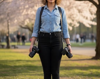 May include: A woman wearing a denim shirt and black pants, holding two black cameras with lenses. The cameras are attached to a black leather camera strap. The background features a park with trees and soft sunlight.
