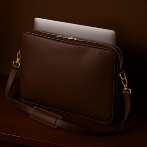 May include: A brown leather laptop bag with a gold zipper and hardware. The bag has a detachable shoulder strap with a padded shoulder rest. A silver laptop is partially visible inside the bag.