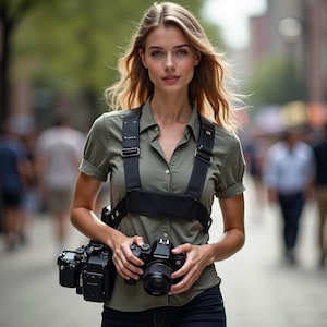 May include: A woman wearing a black camera harness, holding a black camera with a lens. The woman is wearing a green button-down shirt and dark jeans. A second camera is attached to the harness.