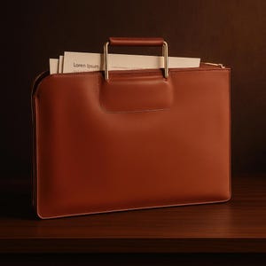 May include: A brown leather briefcase with a gold-colored handle and zipper. The briefcase is rectangular and contains white papers with the text "Loren Ipsum". The briefcase is sitting on a dark brown wooden surface.