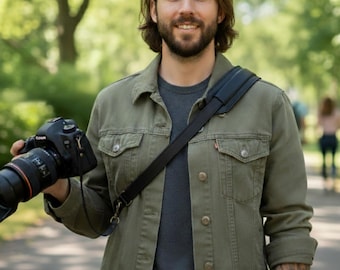 Custom Black Leather Single Camera Strap | Handmade Crossbody Photographer Sling | Personalized Genuine Leather Camera Holder