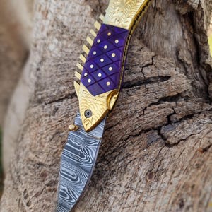 Damascus Fish Pocket Knife with Sheath, Custom Folding Knife, Personalized Blade Gift for Him, Engraved Fishing Knife, Handmade Gift for Men