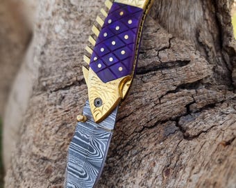 Damascus Fish Pocket Knife with Sheath, Custom Folding Knife, Personalized Blade Gift for Him, Engraved Fishing Knife, Handmade Gift for Men