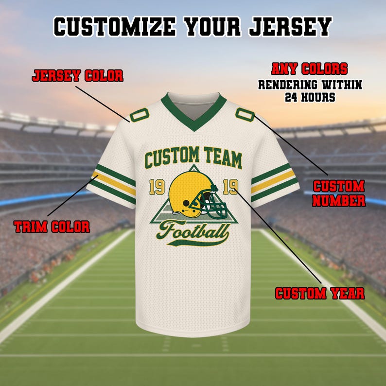 May include: Cream-colored football jersey with green and gold trim. The jersey features the text "CUSTOM TEAM" above a football helmet graphic and the word "Football". The text "CUSTOMIZE YOUR JERSEY" is at the top.