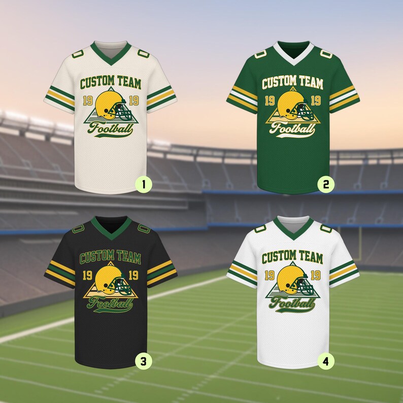 May include: Four football jerseys in cream, green, black, and white. Each jersey has a V-neck, green and gold stripes on the sleeves, and the text "CUSTOM TEAM 19 19 Football" with a football helmet graphic.