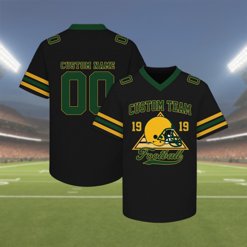 May include: Black football jersey with green and gold accents. The front features a football helmet graphic and the words "CUSTOM TEAM" and "Football". The back has the words "CUSTOM NAME" and the number "00".