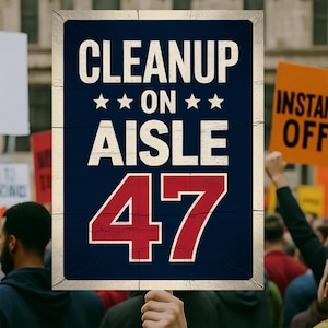 以下が含まれることがあります： ネイビーブルーの背景に白い文字で「CLEANUP ON AISLE 47」と書かれた長方形の看板。数字の47は赤色です。看板は人混みの中で掲げられています。