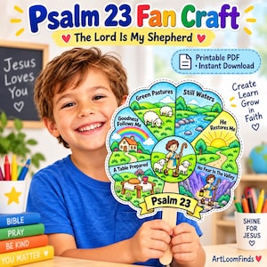 Op de afbeelding: Een Psalm 23 waaier-knutselwerk met een kleurrijk wiel met illustraties van schapen, groene weiden, stilstaand water en een herder. De tekst bevat Psalm 23, The Lord Is My Shepherd en zinsneden zoals Green Pastures en Still Waters.