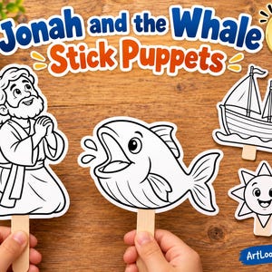 May include: A set of black and white Jonah and the Whale stick puppets featuring a kneeling figure, a large fish, a sailing ship, and a sun. The text Jonah and the Whale Stick Puppets is displayed at the top, with a 1 PDF Black & White badge.