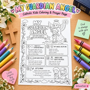 Puede incluir: Una hoja de papel blanca que presenta una página para colorear en blanco y negro titulada My Guardian Angel. La página incluye ilustraciones de un ángel con un niño, bordes florales y cinco secciones numeradas con texto sobre la fe y la oración.