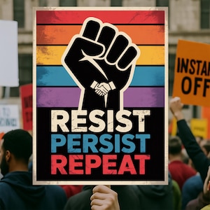 May include: A protest sign with a black fist and handshake graphic over a rainbow striped background. The words "RESIST PERSIST REPEAT" are in white and blue text. The sign is held up in a crowd of people.