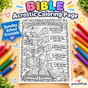 Puede incluir: Una página para colorear acróstica bíblica en blanco y negro con el texto 'What B-I-B-L-E Teaches Me' e ilustraciones de un faro, brújula, una persona en un camino, una paloma y un libro abierto, rodeada de lápices de colores y una cruz.