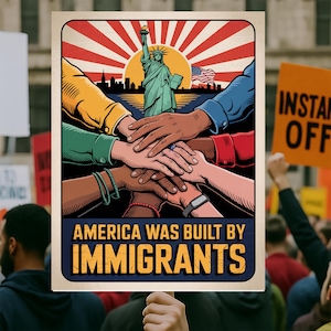 Może przedstawiać: Plakat z napisem "AMERICA WAS BUILT BY IMMIGRANTS" i ilustracją różnych dłoni splecionych razem. Tło przedstawia Statuę Wolności, wschodzące słońce i amerykańską flagę, w stylu vintage i retro.