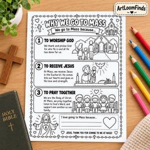 May include: A black and white printable colouring page titled Why We Go To Mass, featuring three numbered sections with illustrations and text explaining religious concepts, a blank space for writing, and a border decorated with small crosses and hearts.