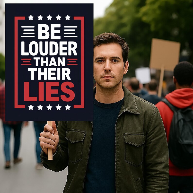 以下が含まれることがあります： 「BE LOUDER THAN THEIR LIES」の文字が白と赤で書かれた看板を、濃い青色の背景に持つ人がいます。看板には赤い縁と白い星があります。その人は緑色のジャケットと濃い青色のシャツを着ています。