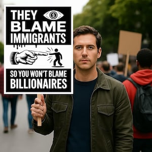 May include: A person holding a sign with the text "THEY BLAME IMMIGRANTS, SO YOU WON'T BLAME BILLIONAIRES". The sign has a black and white design with an eye symbol and a pointing hand.
