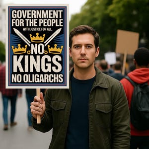 Puede incluir: Una persona sostiene un cartel con el texto "GOVERNMENT FOR THE PEOPLE WITH JUSTICE FOR ALL. NO KINGS NO OLIGARCHS". El cartel tiene un borde azul, coronas doradas y espadas cruzadas. La persona lleva una chaqueta verde y una camisa azul oscuro.
